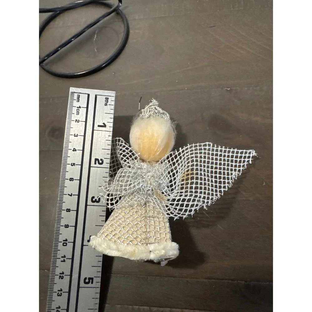 Vintage Silver Mesh Angel Christmas Ornament Mid-Century White Faux Fur 4.5 Inch